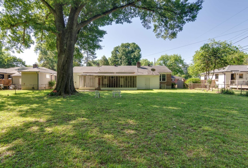 Expansive backyard featuring a manicured lawn and a mature shade tree