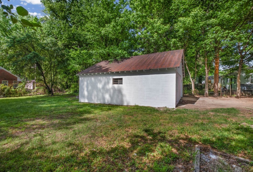 Detached outbuilding with a metal roof and painted block exterior