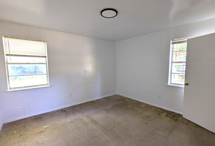 Interior room with two windows, a ceiling-mounted light fixture, and a white interior door