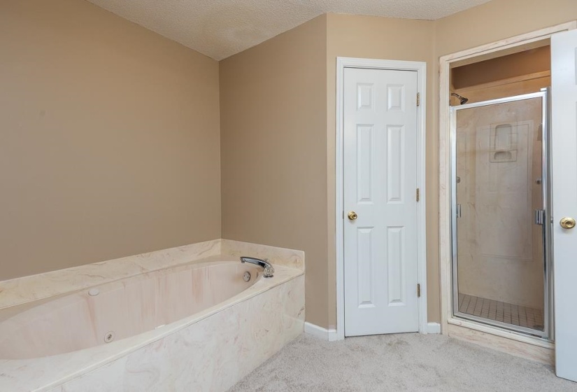 Spacious bathroom featuring a built-in soaking tub with a stone surround, an enclosed shower with a glass door, a white six-panel door, and neutral carpeting