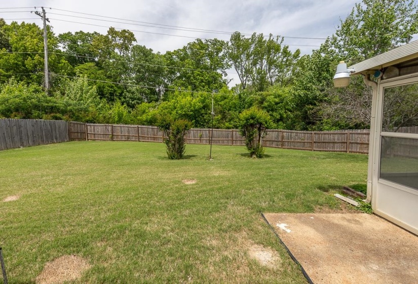 Spacious backyard featuring a full wood privacy fence, expansive lawn area, mature perimeter trees, two central shrubs, and a concrete patio