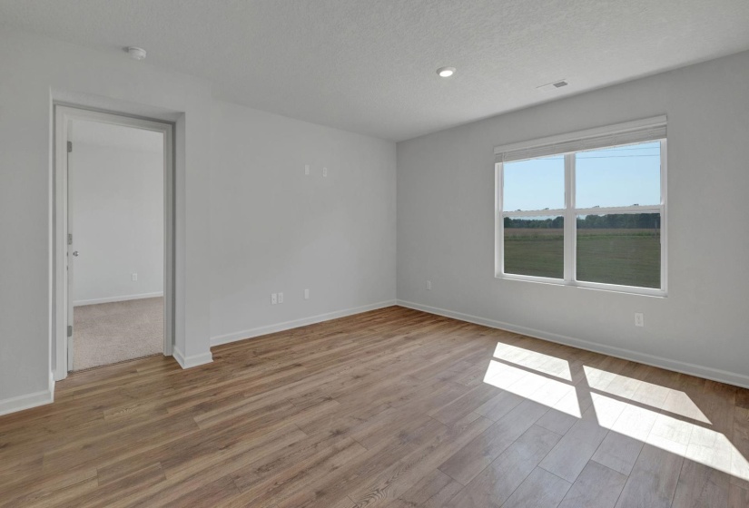 Spacious room featuring wood-finish flooring, light grey wall paint, and a large window with a field landscape