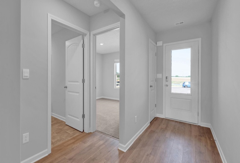 Entryway with wood-finish flooring and a full-light panel door