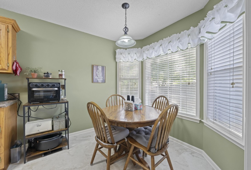 Bay window dining area featuring multiple windows with blinds and valances, overhead pendant lighting, light-toned flooring, and a corner kitchen cabinet