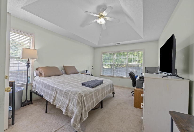 Bedroom featuring a tray ceiling with a ceiling fan, carpet flooring, and a large window with blinds