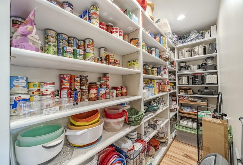 Spacious pantry featuring extensive built-in shelving, recessed lighting, and wood-finish flooring