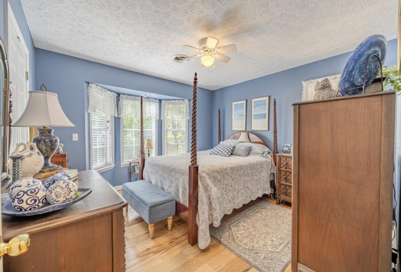 Bedroom featuring wood-finish flooring, a ceiling fan, and a prominent bay window with multiple panes