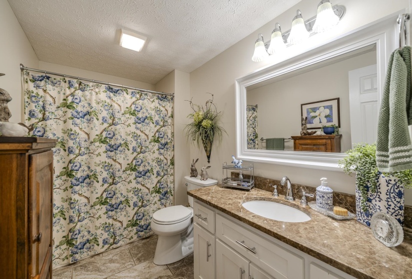 Bathroom featuring a single vanity with a white cabinet base, a built-in sink, and a brown patterned countertop