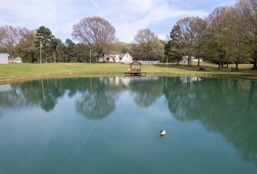 Expansive pond with a wooden gazebo and dock, surrounded by lush green lawns and mature trees
