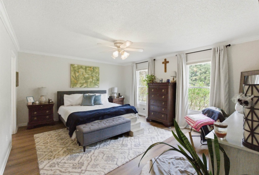 Spacious room featuring wood-finish flooring, two large windows, crown molding, and a ceiling fan with integrated lighting