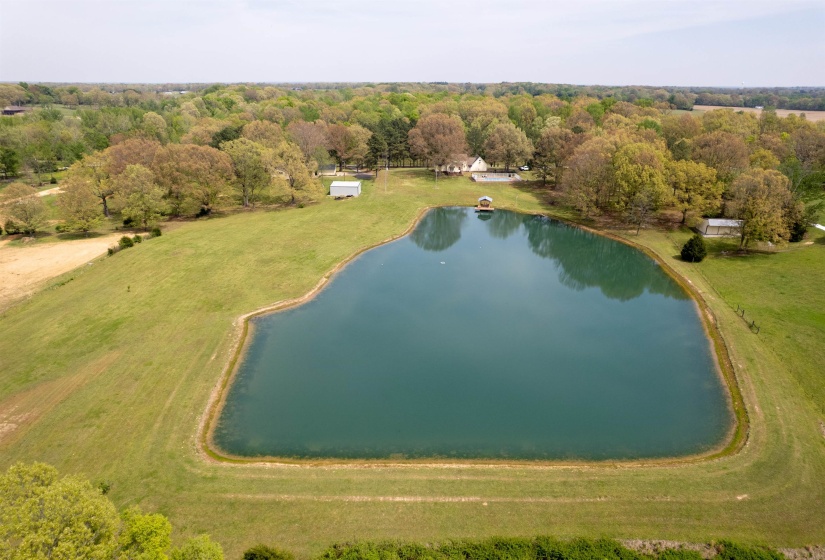 Expansive private pond with a small boat dock, surrounded by lush green lawns and mature trees