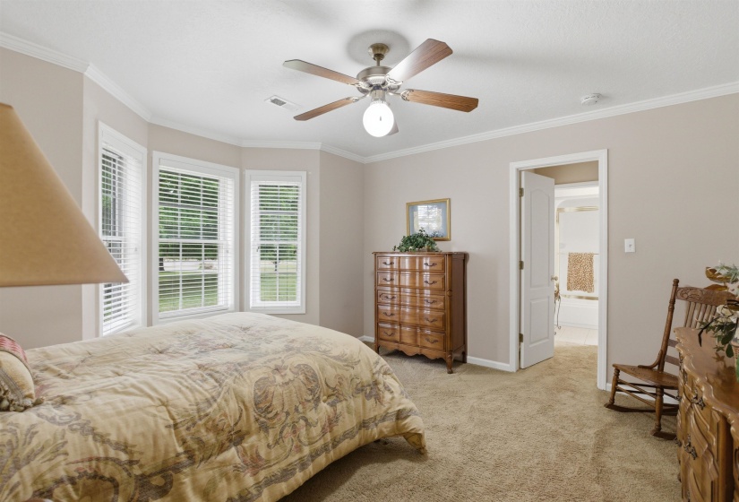 Carpeted room featuring a bay window with multiple vertical pane windows, a ceiling fan with integrated lighting, and crown molding