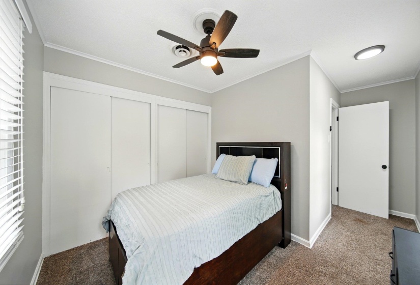 Carpeted bedroom featuring two closets, crown molding, and a ceiling fan