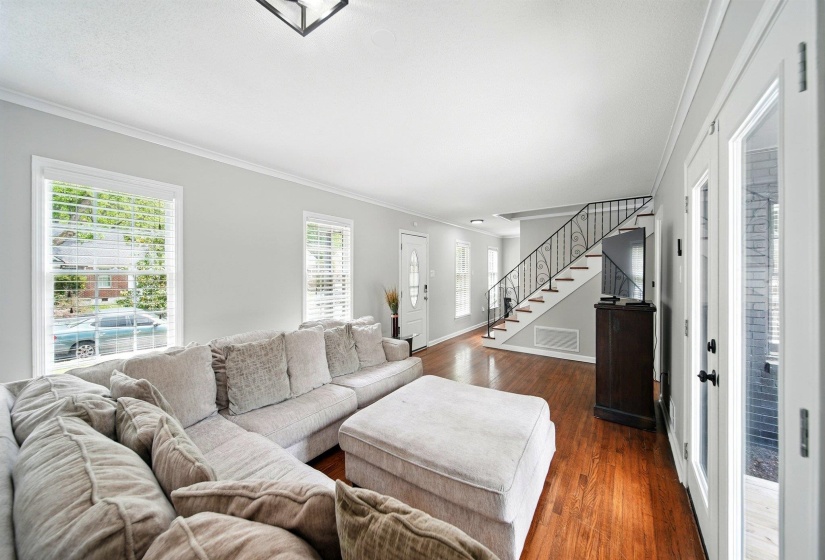 Living room featuring ornamental molding and dark wood finished floors