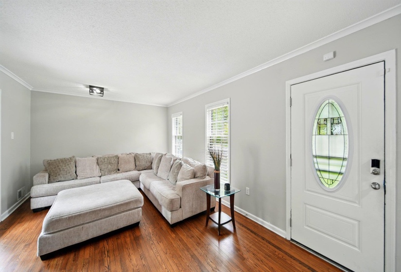 Living room featuring dark wood-style flooring, ornamental molding, and a textured ceiling