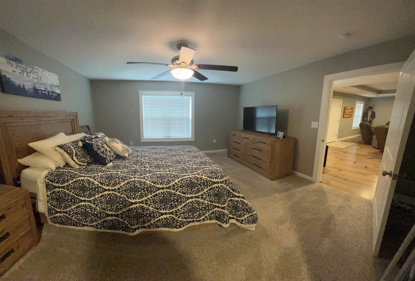 Bedroom featuring light carpet and ceiling fan