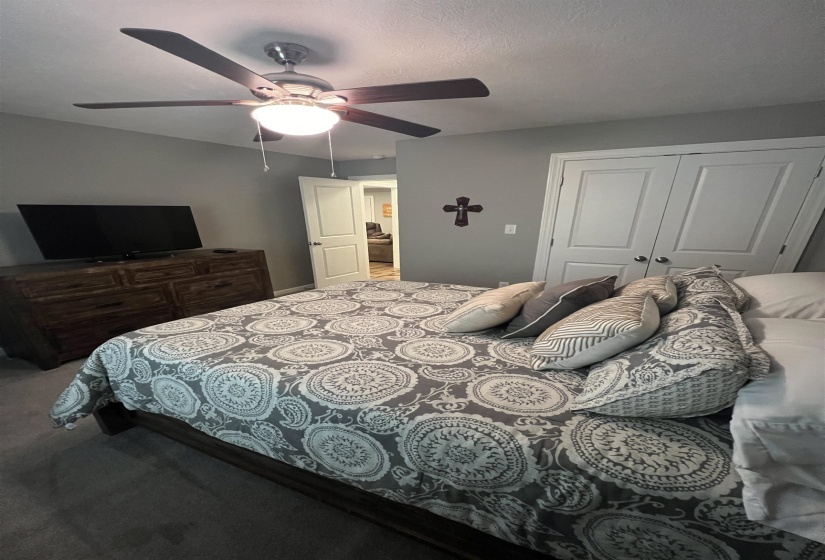 Carpeted bedroom with ceiling fan, a closet, and a textured ceiling