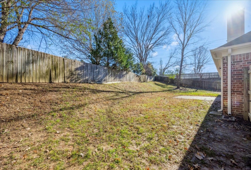 Expansive backyard featuring a wood fence, mature trees, a concrete patio, and a brick exterior
