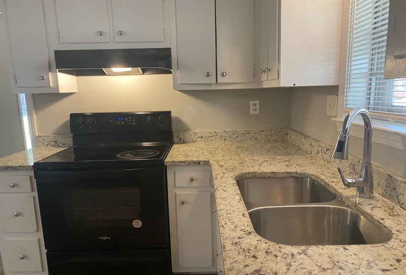 Kitchen featuring a built-in black electric range, white cabinetry, speckled countertops, and a dual stainless steel sink with a gooseneck faucet