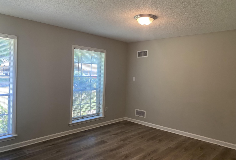 Bright interior with two windows, wood-finish flooring, neutral wall paint, white baseboards, and a semi-flush ceiling light fixture