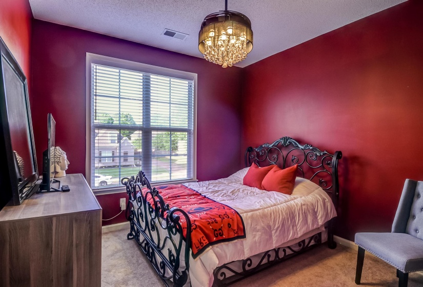 Bedroom featuring deep red walls, a single window with blinds, and a built-in ceiling light fixture