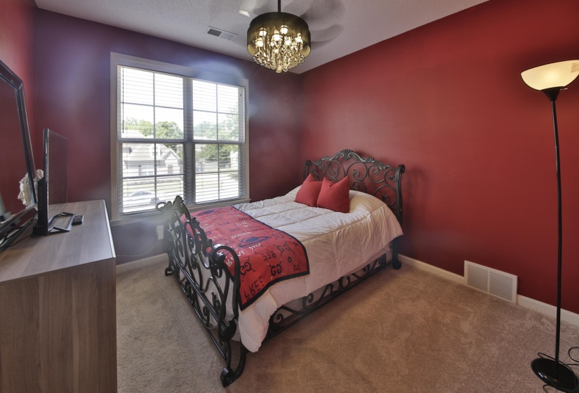 Carpeted room featuring a double window with blinds, a crystal-style ceiling light fixture, and rich wall color