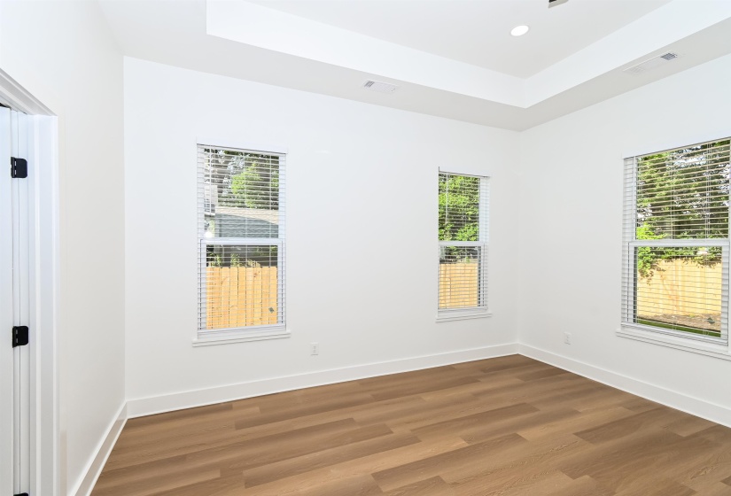 Spacious interior room featuring wood-finish flooring, crisp white walls, and a recessed tray ceiling