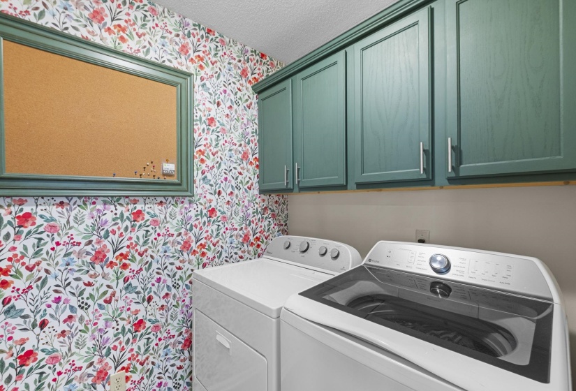 Laundry area featuring floral wallpaper, teal cabinetry with silver hardware, and a framed cork board
