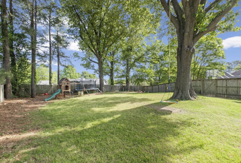 Spacious backyard featuring a large central lawn area, perimeter fencing, and mature trees providing natural shade