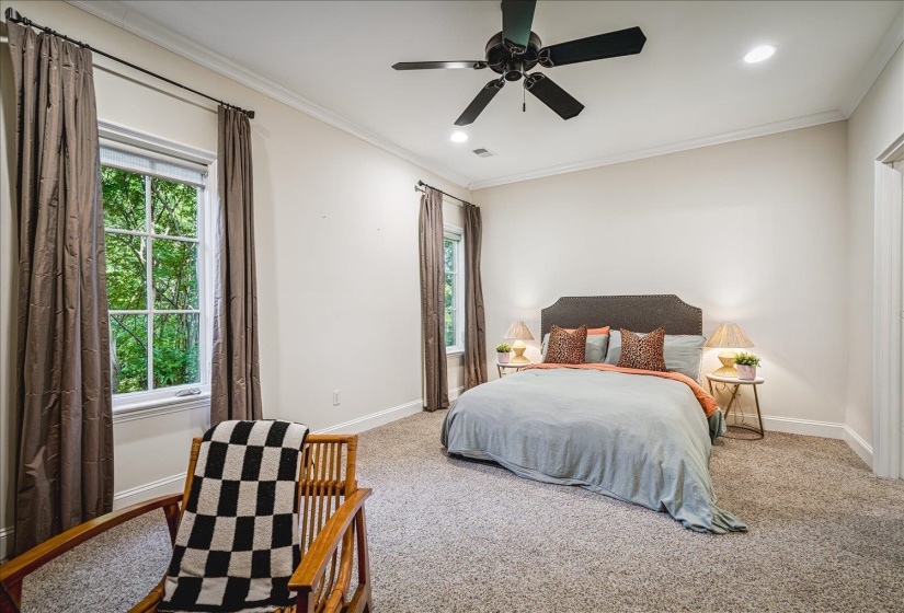 Spacious room featuring plush carpeting, dual double-hung windows, and a ceiling fan with integrated lighting
