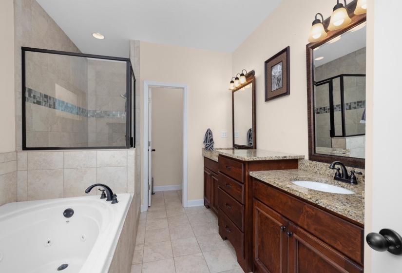Spacious bathroom featuring a jetted soaking tub, a separate shower with glass enclosure and tiled accents, dual vanity sinks with granite countertops, and dark wood cabinetry