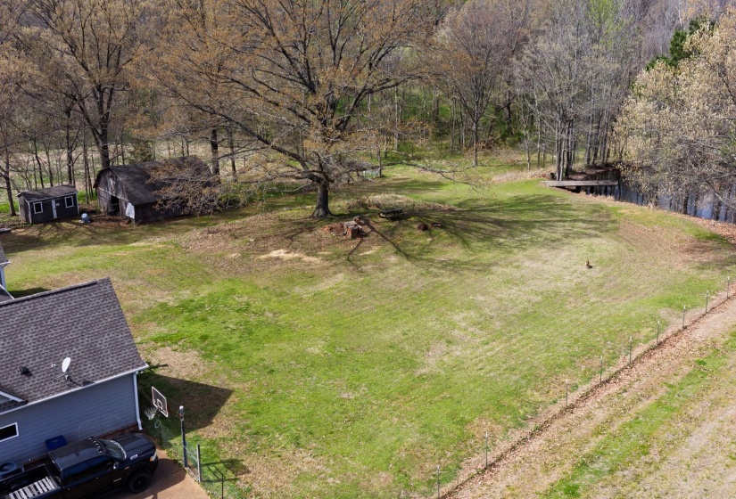 Expansive green space featuring a large mature tree, a wooden dock over water, and a rustic barn structure