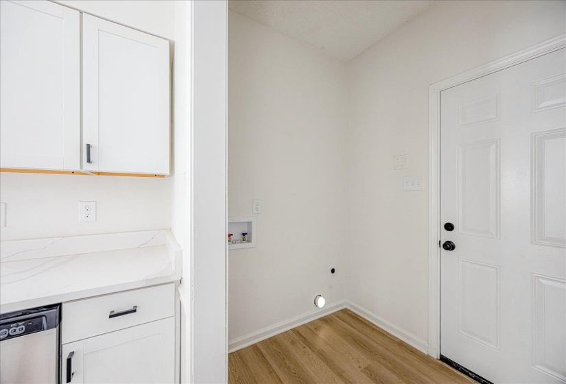 Dedicated laundry area featuring hookups, wood-finish flooring, and a paneled door