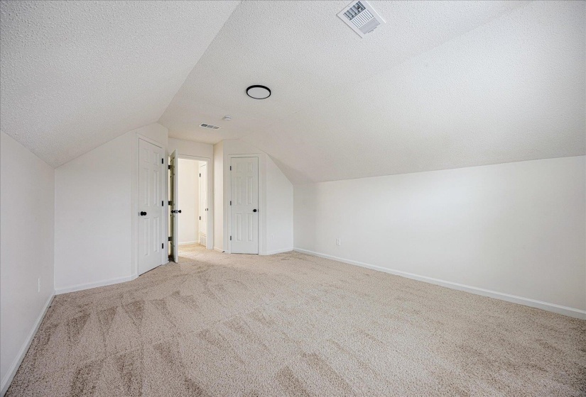 Spacious room featuring sloped ceilings, neutral-toned patterned carpeting, and white walls