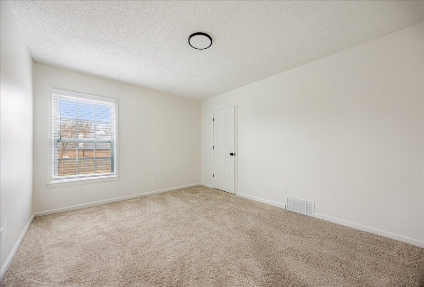 Neutral wall paint with textured carpet, framed window with blinds, interior door with black hardware, and overhead flush-mount lighting