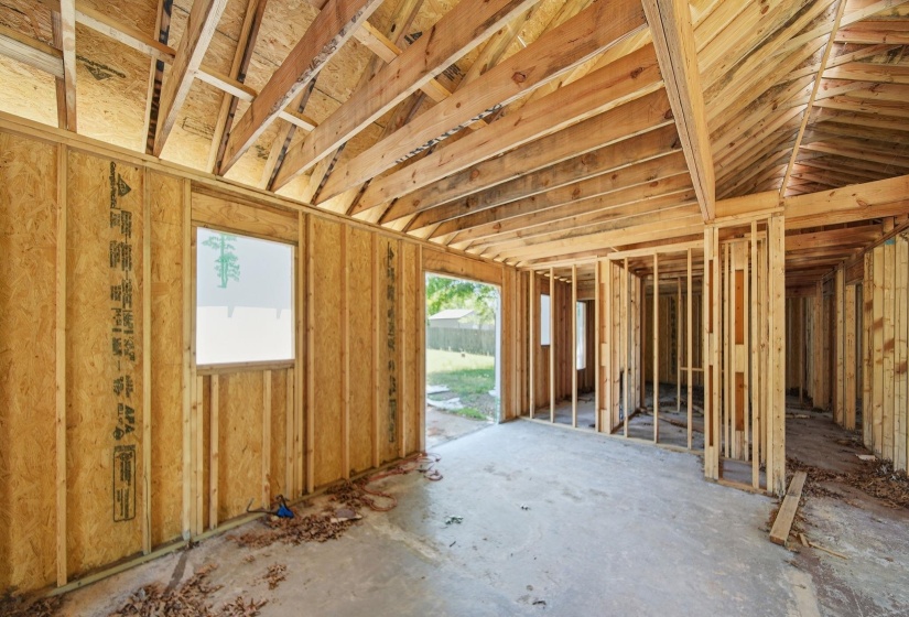 Interior framing and exposed rafters showcasing structural elements