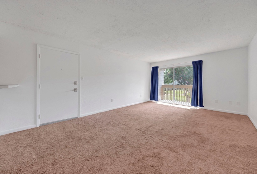Spacious room featuring neutral carpeting, white walls, a single entry door, and a sliding glass door providing access to an outdoor deck