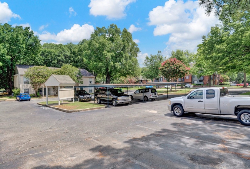 Paved parking area featuring covered carports and mature trees