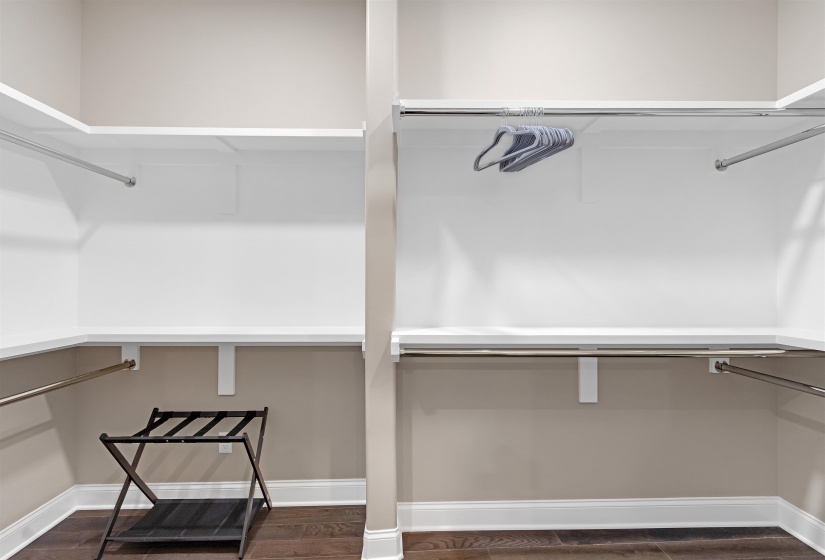Spacious closet featuring dark wood-style flooring