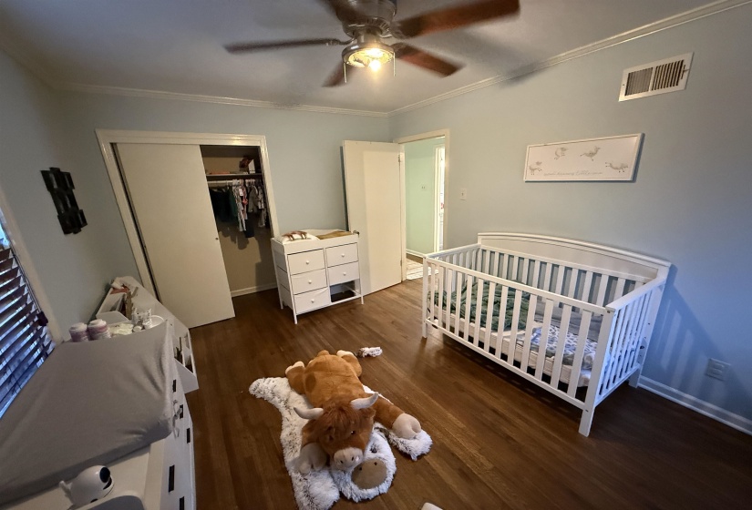 Bedroom with a crib, dark wood-style flooring, a closet, a ceiling fan, and ornamental molding