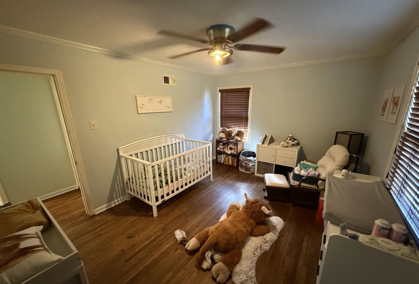 Bedroom featuring dark wood-style flooring, ornamental molding, a crib, and ceiling fan