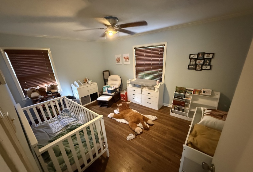 Bedroom with a nursery area, dark wood-type flooring, ornamental molding, and a ceiling fan