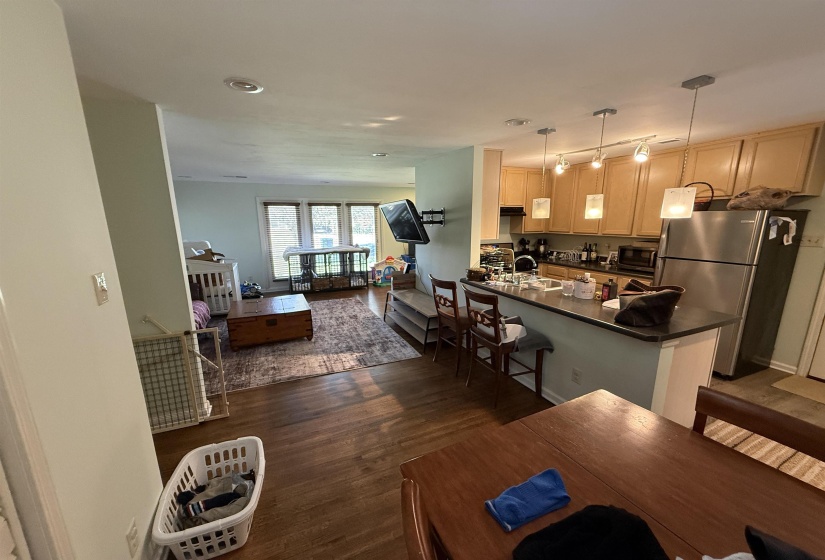 Living area featuring dark wood-style floors