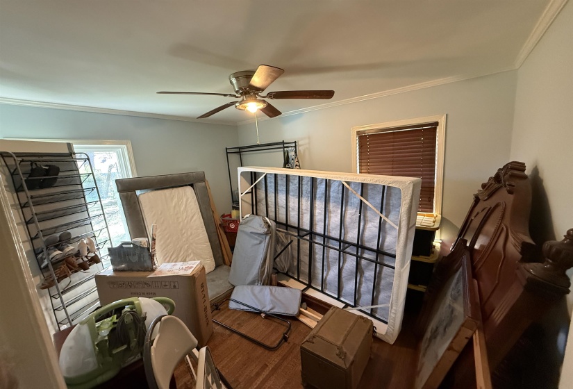Bedroom featuring crown molding, wood finished floors, and a ceiling fan