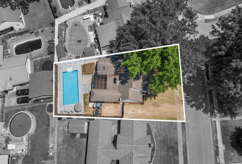 Aerial view showcasing a rectangular in-ground swimming pool with surrounding patio, a residential structure with a brown shingle roof, and mature trees providing natural landscaping