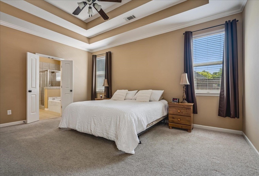 Primary Bedroom featuring a ceiling fan, tray ceiling, and carpet.
