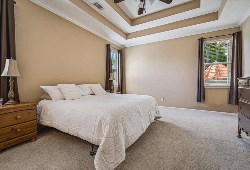 Spacious Primary bedroom featuring tray ceilings with crown molding, two windows with blinds, and soft carpet flooring