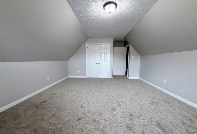 Additional living space with a textured ceiling, lofted ceiling, and carpet floors