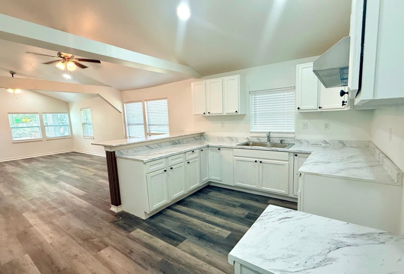 Kitchen featuring white cabinetry with dark hardware, a stainless steel sink, and marbled countertops