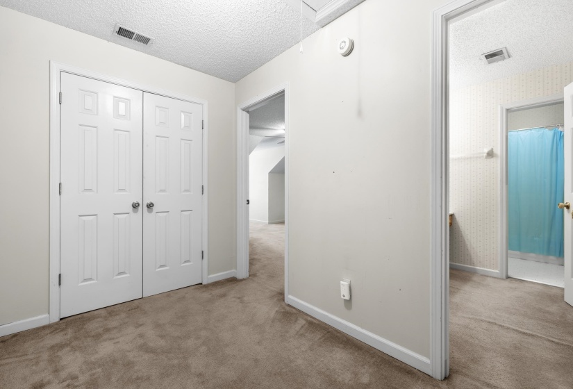 Carpeted hallway featuring a paneled bi-fold door, a paneled single door, and light-toned walls